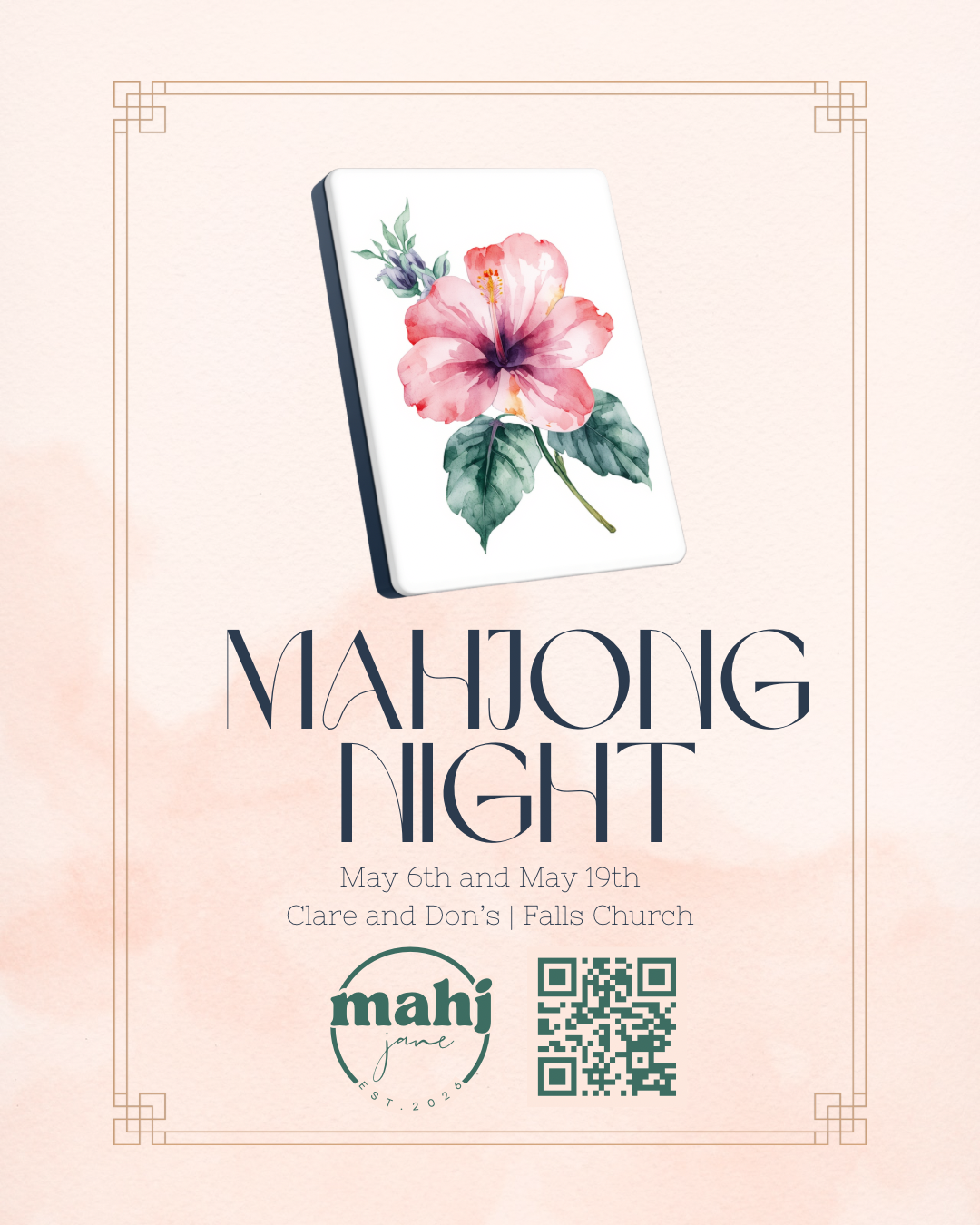 Poster for Mahjong Night featuring a floral mahjong tile, elegant typography, and information about a May event at Clare and Don’s in Falls Church.