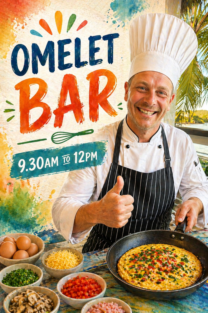 Chef in white hat and apron smiling, giving thumbs up beside a cooked omelet and bowls of ingredients. Text reads "Omelet Bar, 9:30 AM to 12 PM." Vibrant colors convey a cheerful, inviting atmosphere.