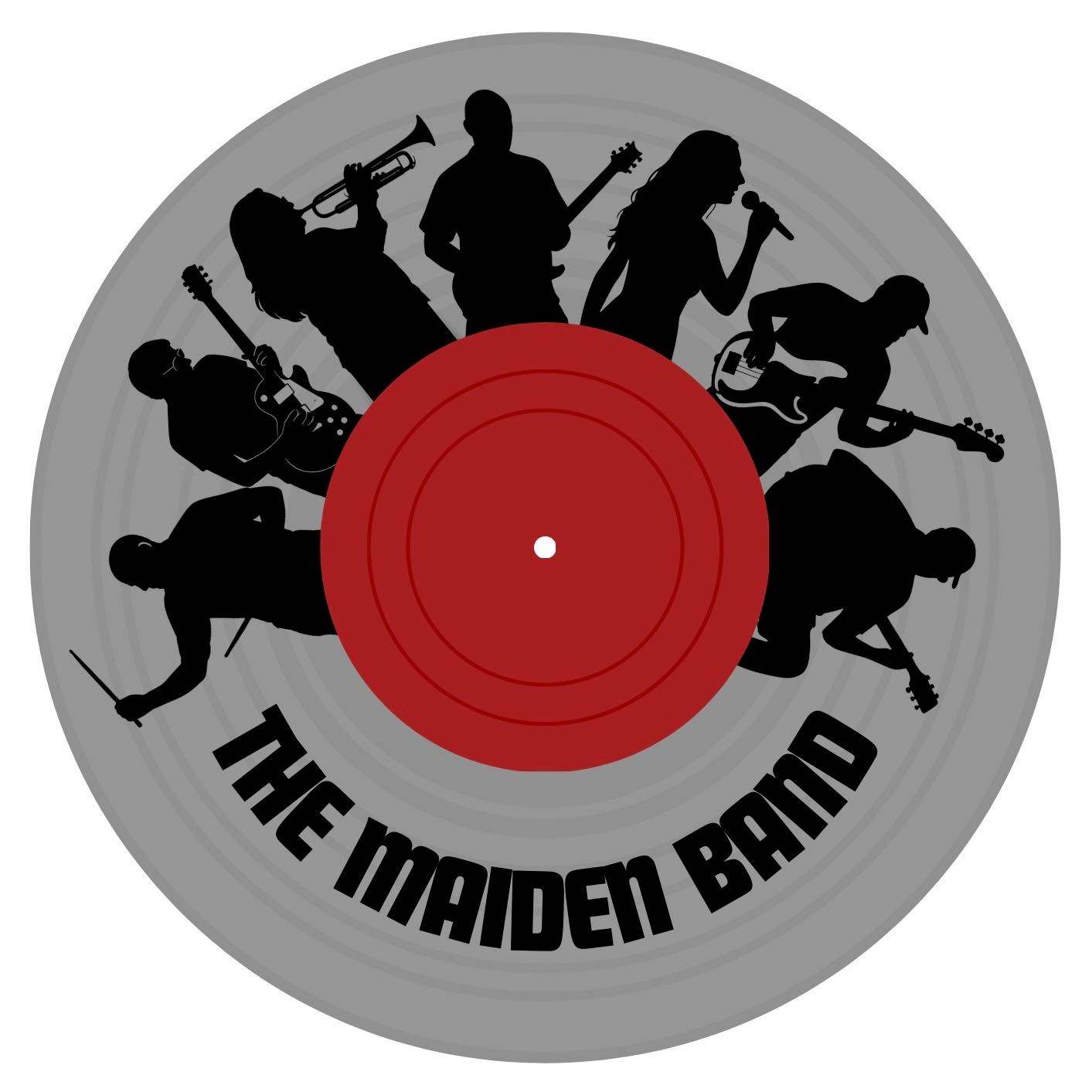Silhouettes of musicians play instruments and sing, forming a circular pattern on a vinyl record design. "The Maiden Band" is written at the bottom.