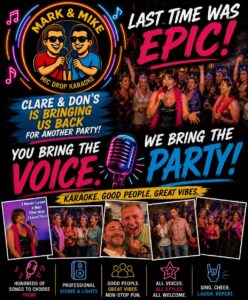 Colorful karaoke party poster featuring hosts Mark and Mike, cheering singers, neon microphones, and bold text promoting a lively return event.
